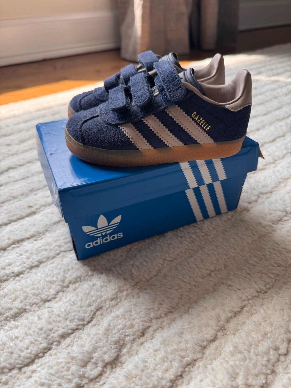 adidas Kids Gazelle Velcro Sneakers Navy with Cream Stripes and Gum Sole